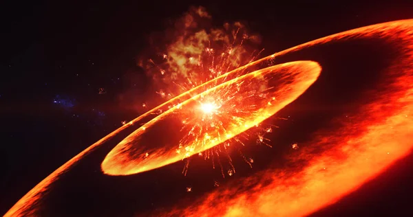 Alevli enerji halkaları ve uzayın enginliğinde parlak ışık ile güçlü bir patlamayı tasvir eden dinamik ve canlı bir kozmik sahne göksel olayların yoğunluğunu gözler önüne seriyor..