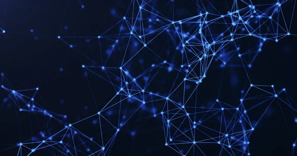 Karanlık bir zemin üzerinde parlayan mavi çizgileri ve düğümleri olan bir ağın dinamik soyut bir temsili, teknolojiyi ve bağlantıyı sembolize eder.
