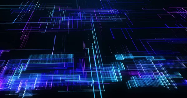Karanlık bir zemin üzerinde elektrik mavi ve mor çizgileri olan dinamik ve karmaşık bir gelecek neon ızgarası teknoloji ve gelişmiş dijital ağlar yaratıyor..