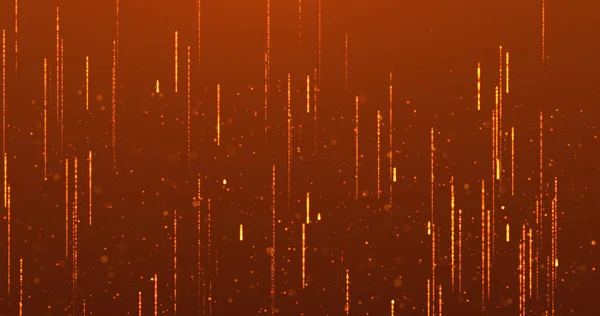 Dinamik soyut turuncu arkaplan. Parlayan dijital çizgiler ve parçacıkların dikey olarak arka planda yükselmesi hareket ve enerjiyi işaret ediyor..