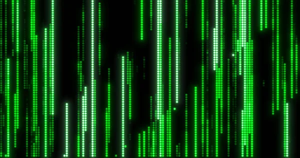 Siyah bir zemin üzerinde dikey yeşil ışık akımları desenleri içeren soyut dijital sanat eserleri, ikonik matris tarzını anımsatıyor..