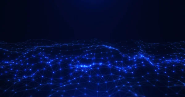 Karmaşık veri akışı ve bağlantıyı gösteren, birbirine bağlı düğümlerden ve çizgilerden oluşan parıldayan mavi dijital bir ağ gösteren büyüleyici bir resim.