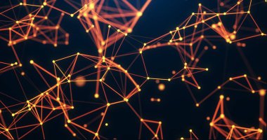 Büyüleyici bir soyut geometrik ağ illüstrasyonu. Birbirine bağlı parlak turuncu çizgiler ve karanlık bir zemin üzerinde düğümler sergiliyor. Fütürist bir dijital ağ tasvir ediliyor..