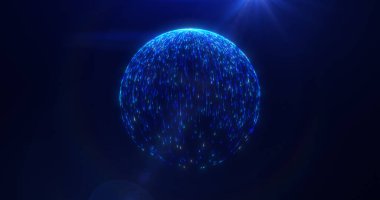 Artan mavi veri akışları teknolojiyi, bağlantıyı ve küresel iletişimi sembolize ederek karanlık bir arkaplanda parlayan dijital bir küre yüzüyor..