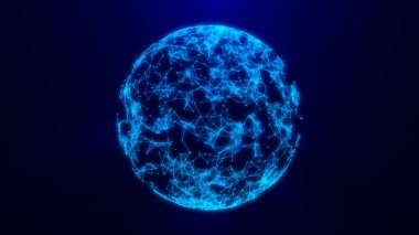 Karanlık bir zemin üzerinde parlayan dijital bir küre, birbirine bağlı düğüm ve çizgileri gösteriyor. Bu illüstrasyon teknoloji, bağlantı ve veri ağlarını sembolize eder..