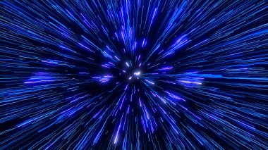Mavi ışığın dinamik görselleştirilmesi merkezi bir noktadan yayılarak fütüristik bir ortamda heyecan verici bir soyut enerji patlaması yaratır..