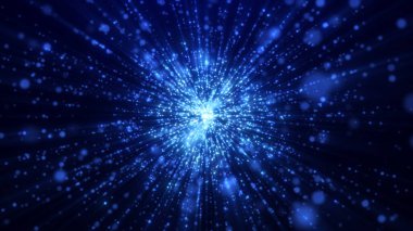 Parlayan mavi ışık parçacıklarının büyüleyici bir görüntüsü dinamik ışınlar halinde dışa doğru yayılarak enerji, hareket ve kozmik merak izlenimi yaratıyor..