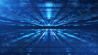 Canlı mavi renkleri olan dijital bir ışık tünelinin büyüleyici görüntüsü hız ve gelecekçi teknolojiyi resmediyor. Teknoloji veya bilim kurgu temaları için ideal.