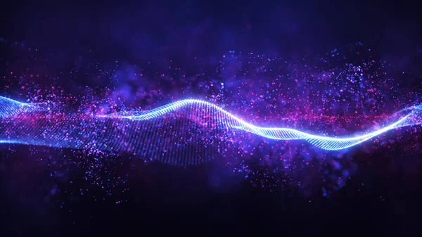 Mor ve mavi tonlarda parlayan parçacıklar ve canlı renklerle vurgulanmış büyüleyici bir dijital dalga, koyu bir arkaplanda zarafetle akıyor. Görüntü dinamik ve enerjik hareket, fütüristik teknoloji ve soyut b 'yi çağrıştırıyor.