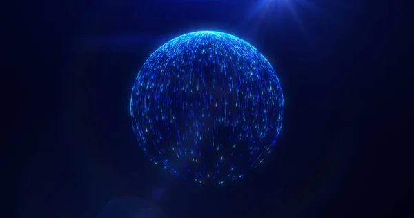 Artan mavi veri akışları teknolojiyi, bağlantıyı ve küresel iletişimi sembolize ederek karanlık bir arkaplanda parlayan dijital bir küre yüzüyor..