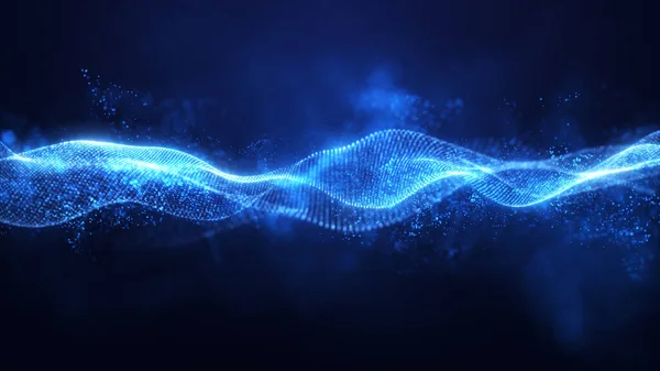 Dinamik soyut mavi dalga ve parçacık, karanlık bir arkaplan karşısında birleşiyor, karmaşık bir hareket, ışık ve dijital doku etkileşimi sergiliyor, gelecekçi kavramlar için ideal..