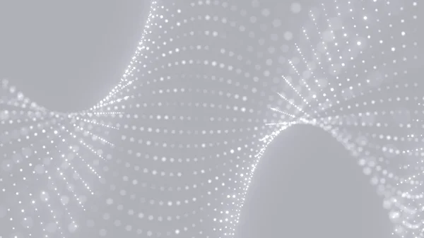 Sayısız parlayan noktadan oluşan karmaşık soyut dalga ince gri bir zemin üzerine kurulmuş modern estetik ile dinamik, akışkan bir şablon oluşturuyor..