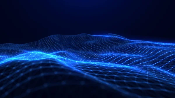 Soyut neon mavi dalga şekli şebeke benzeri bir dizayn ile karanlık bir arkaplan üzerinde sorunsuzca akar, gelecekteki teknoloji ve yenilik hissini iletir.