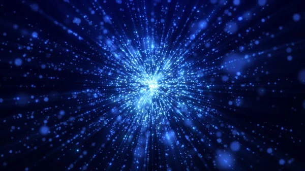 Parlayan mavi ışık parçacıklarının büyüleyici bir görüntüsü dinamik ışınlar halinde dışa doğru yayılarak enerji, hareket ve kozmik merak izlenimi yaratıyor..