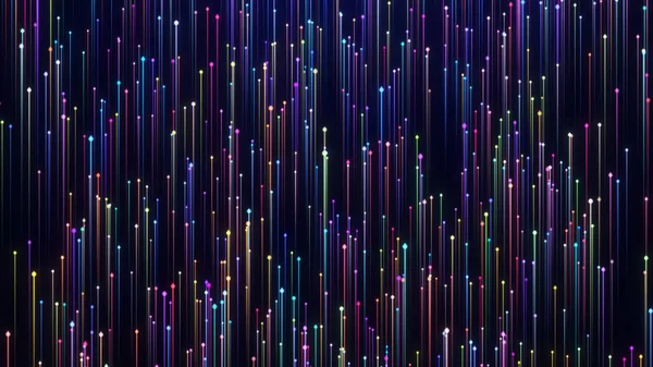 Çok renkli ışığın hareketli dikey çizgileri karanlık bir arkaplan karşısında büyüleyici bir desen oluşturarak hareket ve enerji hissi uyandırır..
