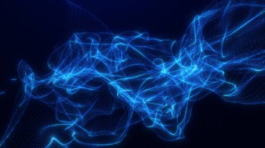 Soyut mavi enerji ve ışık dalgaları karanlık bir arkaplan karşısında dinamik ve fütüristik bir sahne oluşturur. Akan desenler hareketi ve yeniliği çağrıştırıyor.