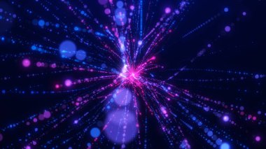 Patlayıcı bir enerji patlaması etkisiyle neon renklerin büyüleyici bir görüntüsü. Işıl ışıl ışık yolları ve Bokeh daireleri koyu arkaplanı aydınlatır.