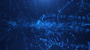 Dinamik mavi parçacıkların büyüleyici bir görüntüsü. Karanlık bir arkaplana karşı dalga benzeri bir yapı oluşturuyor. Hareket ve akıcılık hissi uyandırıyor..