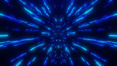 Merkezde birleşen dinamik çizgilerle büyüleyici bir mavi ışık hızı tüneli hareket ve uzayda yolculuk hissi yaratıyor..