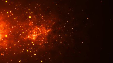 Parlak, ateşli bir kozmik nebula, sayısız parlak parçacığın yer aldığı karanlık bir arka planda parlar. Bu büyüleyici uzay sahnesi gizemi ve merakı uyandırıyor..