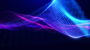 Dinamik enerji dalgaları, parlak mavi ve pembe bir arka planda dalgalanıyor. Hareket ve ışığın soyut tasviri bir akış, ritim ve gelecek ambiyans hissi yaratır..