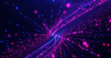 Dinamik neon ışıkları içeren soyut bir kozmik sahne canlı pembe ve mavi renkler içerir. Görüntü hareket ve enerji hissini, dönen desenler ve parlayan parçacıklar ile iletir, fütürist ve büyüleyici bir etki yaratır..