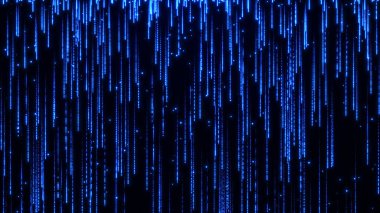Yükselen yağmur veya ikili kodu andıran dikey mavi çizgilere sahip soyut bir dijital tasarım. Parlayan çizgiler, veri akışını veya teknolojik kavramları temsil etmek için ideal bir fütüristik ve teknolojik titreşim yaratır..