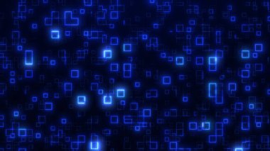 Karanlık bir zemin boyunca rastgele dağılmış parlayan mavi karelerden oluşan soyut bir dijital sahne, gelecekten ve teknolojiden esinlenilmiş bir atmosfer yaratıyor..