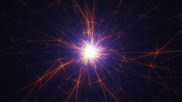 Parlayan ve kesişen çizgilerle çevrili karanlık bir zemin üzerinde parlak beyaz bir ışık patlaması. Parlak tasarım enerjiyi, hareketi ve entrikayı çağrıştırıyor..