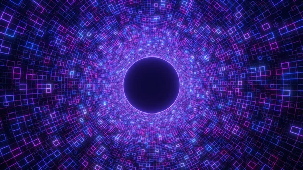 Büyüleyici bir sahne, eşmerkezli daireler ve dijital kareler içeren canlı bir neon tünel tasvir ediyor. Çarpıcı renk deseni fütüristik bir atmosfer yaratır..