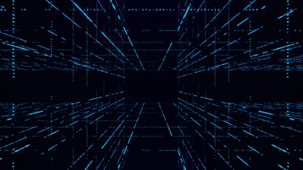 Fütürist neon ızgara tünelinin büyüleyici bir görüntüsü. Parlayan mavi çizgiler büyüleyici, sonsuz bir dijital alan yaratır, teknoloji ve ilerleme hissi uyandırır..