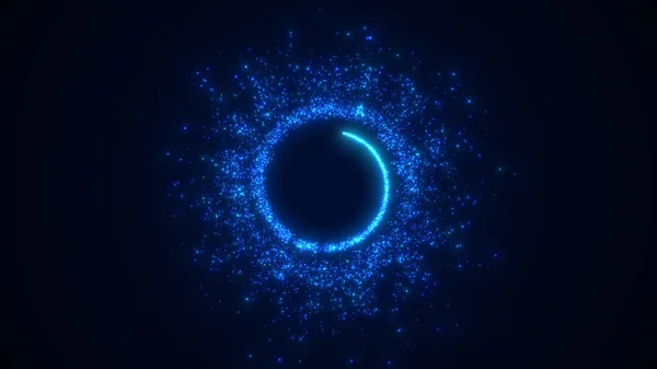 Parlayan mavi parçacıklardan oluşan büyüleyici dairesel bir düzenleme koyu arkaplan üzerinde ışıl ışıl bir halka oluşturur. Işıldayan parçacıklar kozmik, fütüristik bir etki yaratarak ışık ve enerji yayıyorlar. Teknoloji, bilim veya uzay ile ilgili konular için ideal