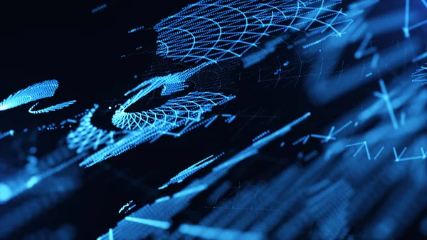 Modern teknoloji ve veri bağlantılarını gösteren, karmaşık mavi geometrik yapılar, noktalar ve çizgiler içeren dinamik ve soyut bir dijital ağ.