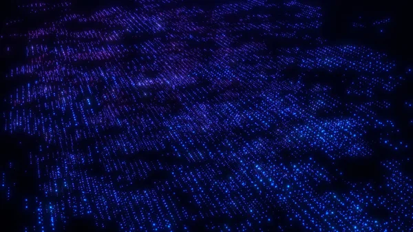 Mavi piksellerle aydınlatılan soyut bir dijital ızgara derinlik ve hareket hissi yaratıyor. Parlayan ışıklar teknolojik yenilik ve bağlantıyı işaret ediyor..