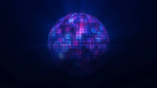 Karanlık bir arkaplana karşı neon küplerden oluşan canlı, parıldayan bir küre. Geometrik tasarım, teknoloji temaları için ideal soyut ve geleceksel bir görünüm yaratarak renkli ışık yayar..