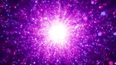 Soyut renkli parçacık tozu patlaması, parlayan parçacıklar ve enerji küresi hareketi, ışık hızı, nokta ve parçacık havai fişekleri, uzay sahnesi, gelecekteki arkaplan.