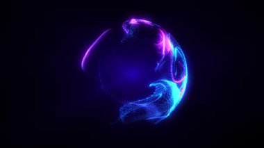 Mavi parçacıklar, noktalar ve mavi ışık dalgalarından oluşan soyut parlayan küre, dijital teknoloji arka planı. Işık demetleri olan enerjik ve gelecekçi bir küre. Kusursuz döngü 4K video