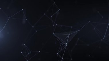 Birbirine dolanmış çizgiler, noktalar ve üçgenler, dijital teknolojiler, büyük veriler ve yüksek hızlı İnternet görselleştirmeleri içeren dijital fütüristik arka plan. Bilimkurgu temalı kusursuz, döngüsüz, soyut bir arkaplan.