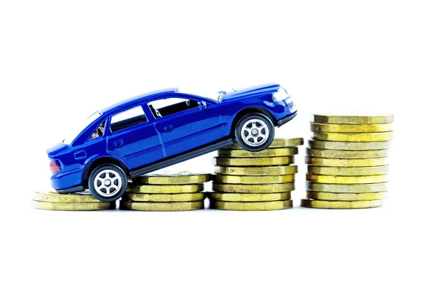 Mavi Araba Beyaz Bir Arka Plan Üzerinde Paralar Modeli Zole - Stok İmaj