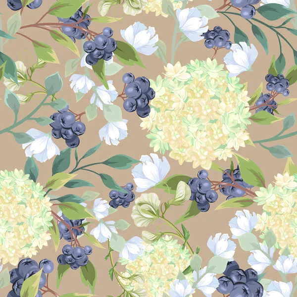 Seamless pattern with Hydrangea flowers and blue berries