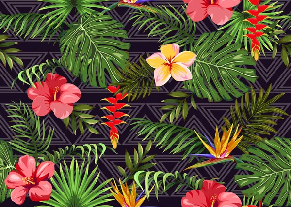Seamless Pattern Exotic Flowers Tropical Leaves — Stock Vector