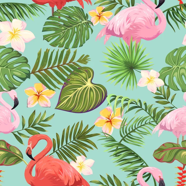 Motif Sans Couture Avec Flamants Roses Feuilles Tropicales Fleurs — Image vectorielle