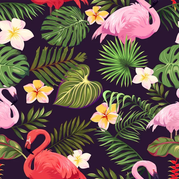 Seamless Pattern Flamingos Tropical Leaves Flowers — Stock Vector