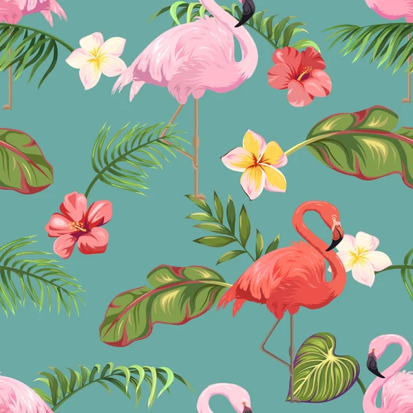 Padrão Sem Costura Com Flamingos Plantas Tropicais —  Vetores de Stock
