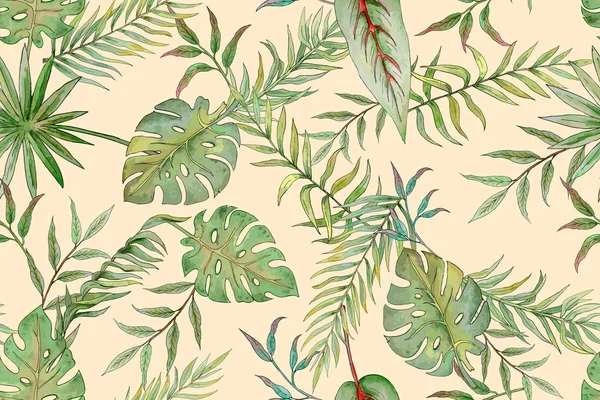 Motif Sans Couture Avec Des Feuilles Palmiers Autres Plantes Tropicales — Image vectorielle