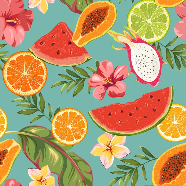 Modèle Sans Couture Avec Des Fruits Des Fleurs Exotiques — Image vectorielle