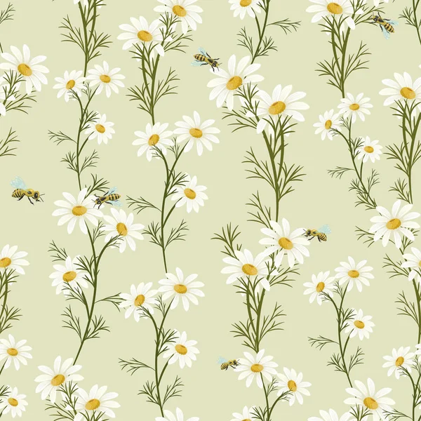 Seamless Pattern Daisies Bees — Stock Vector