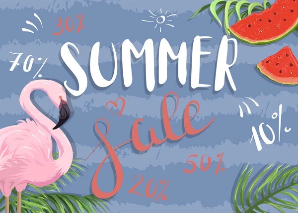 Summer Sale Banner Watermelons Flamingo — Stock Vector