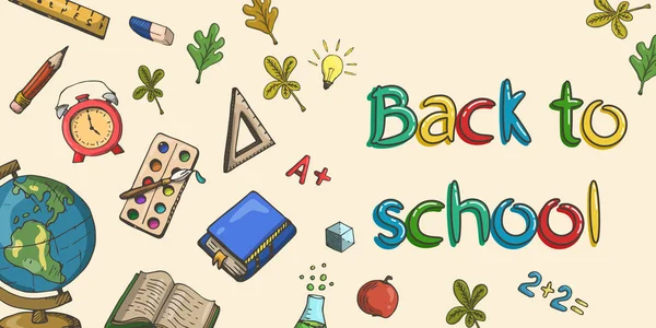 Banner Volver Escuela Con Útiles Escolares — Vector de stock