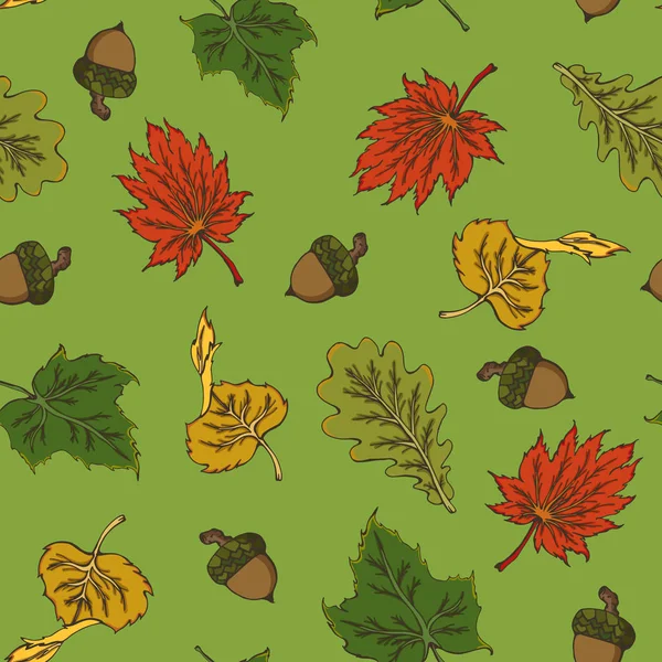 Nahtloses Muster Mit Herbstblättern Und Eicheln — Stockvektor